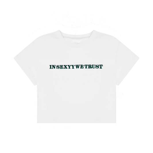 IN SEXYY WE TRUST EMBROIDERED CROP TOP WHITE