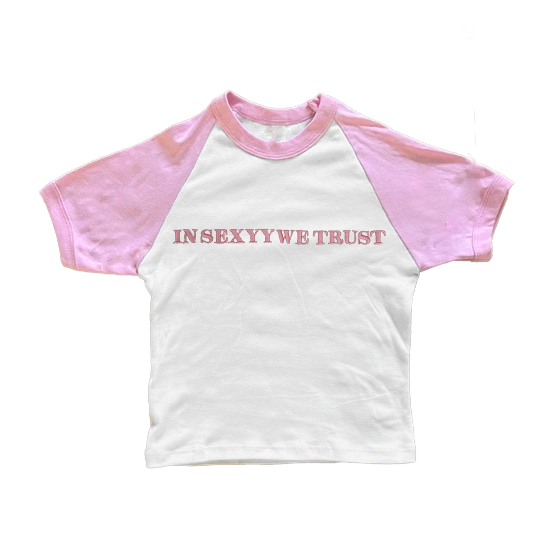 IN SEXYY WE TRUST EMBROIDERED CROPPED RAGLAN TEE