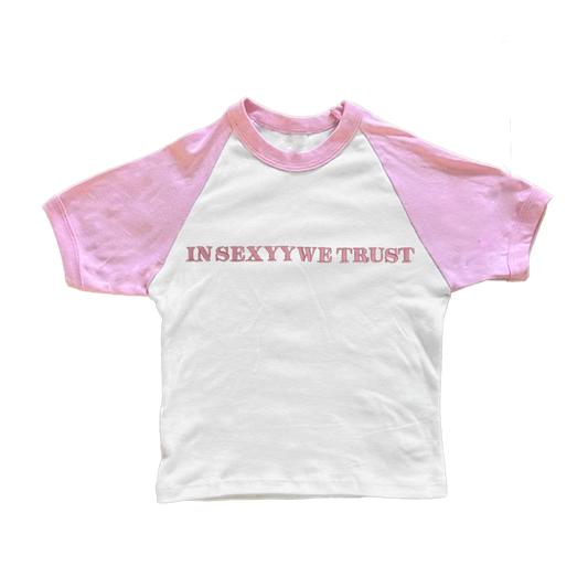 IN SEXYY WE TRUST EMBROIDERED CROPPED RAGLAN TEE