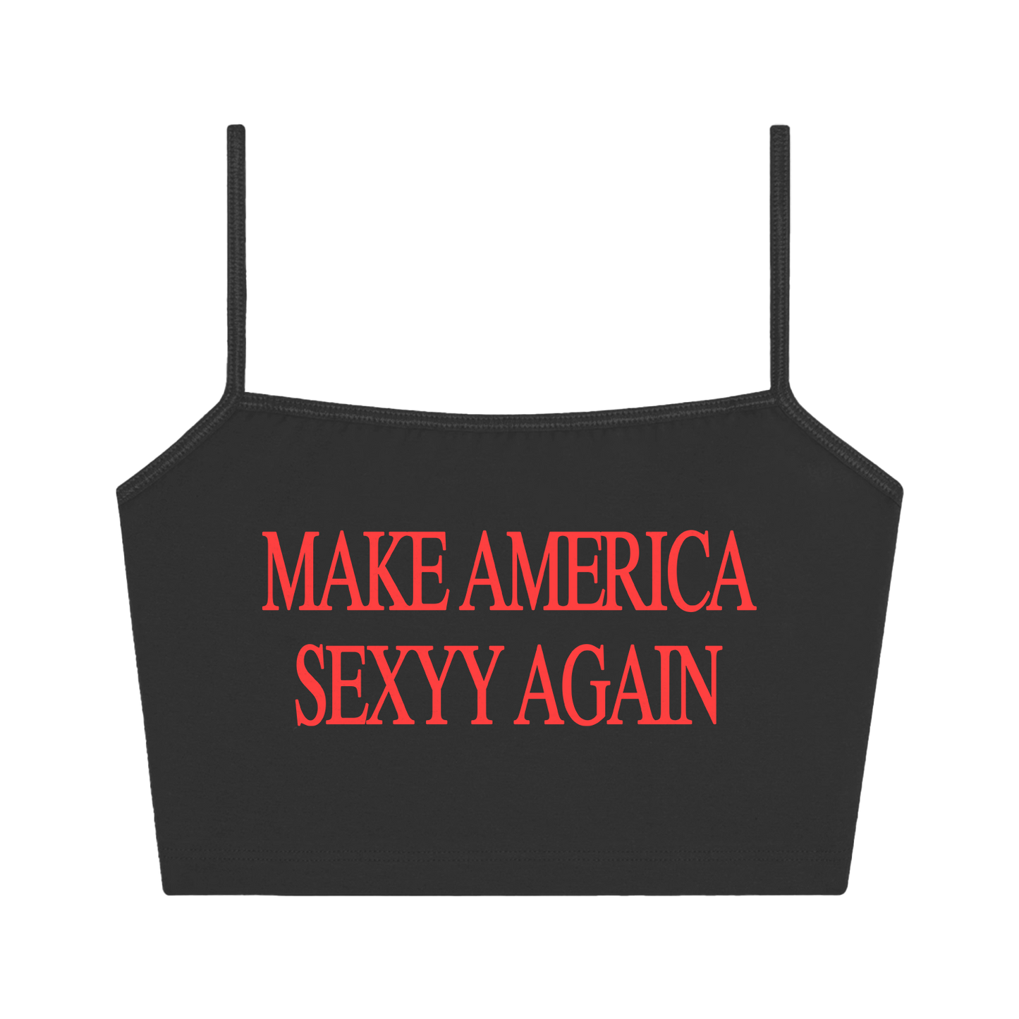 MAKE AMERICA SEXYY AGAIN SPAGHETTI CROPPED TANK BLACK